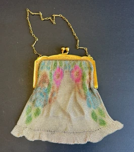 Vintage Art Deco Dresden Watercolor Whiting and Davis Mesh Purse with Mirror - Picture 1 of 9