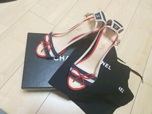 Auth CHANEL CC Bow Striped Heel Sandals Size361/2  Never Used F/S