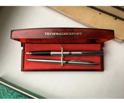 1980-е СССР RUSSIANTECHMASHEXPORT ШАРИКОВАЯ И ПЕРЬЕВАЯ РУЧКА КОМПЛЕКТ 14K NIB. - Изображение 1 из 4