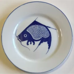 6 Vintage ST Koi Fish 10.25" Ceramic Dinner Plates Blue White Asian Carp Asia - Picture 1 of 4