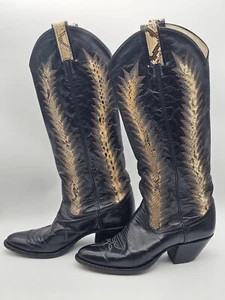 Vintage Larry Mahan Black Snakeskin Knee High Almond Toe Cowgirl Boots Size 7 B - Picture 1 of 14