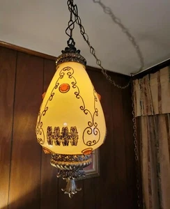 Hollywood Regency Swag Lamp Pendant Satin Glass & Gold Teardrop MCM 25" XL Chain - Picture 1 of 12