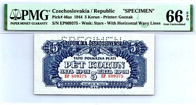 Czechoslovakia 5 Korun 1944 SPECIMEN TOP POP ! Pick# 46as PMG 66 EPQ GEM UNC - Image 1 of 4