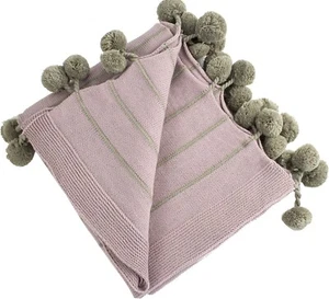 Pompon Striped Throw Blanket – 50" x 60", Soft Acrylic, Mauve & Khaki - Picture 1 of 3