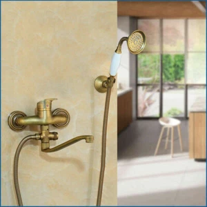 Bathroom Antique Brass Bathtub Wall Mounted Mixer Hand Showe Sprayer Faucet Taps - Picture 1 of 5