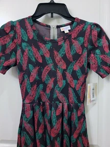 NWT LuLaRoe Pink and Green Feathers on Black Base Amelia Dress XXS - SUPER RARE! - Picture 1 of 5