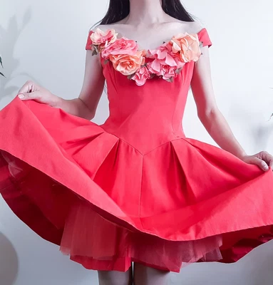 VICTOR COSTA para Lord Taylor 1980s Vestido Rojo Floral Hombro Descubierto Corsé Vestido Foto 1 de 4