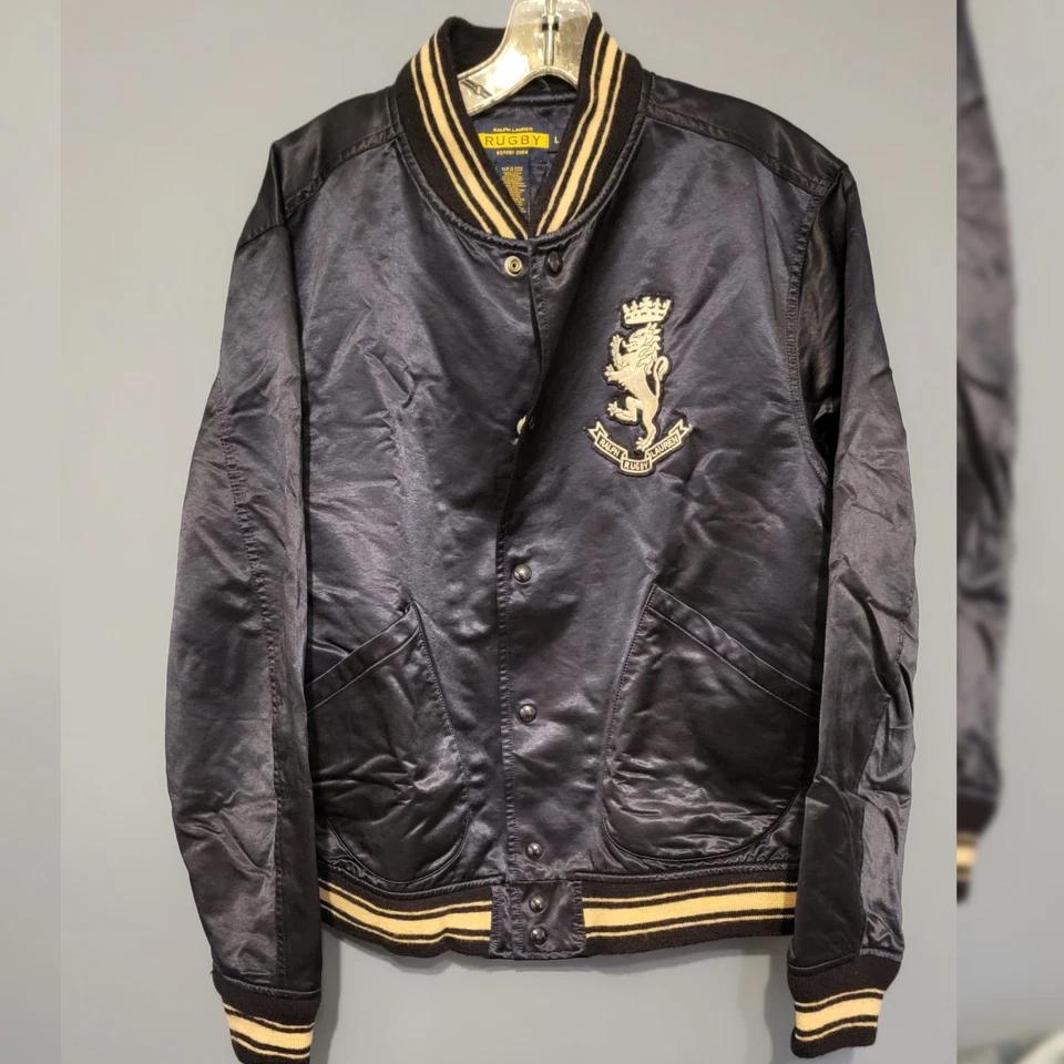 Chaqueta universitaria satinada rugby ralph lauren L vintage bombardero rugby parche estadio RL Foto 1 de 4