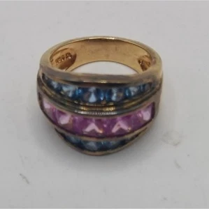 925 Gold Over Pink and Blue Stones Ring, Size 5 - Picture 1 of 3