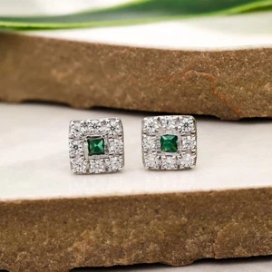Emerald Halo Square Green CZ Stud Earrings May Birthstone Jewelry In 925 Silver - Picture 1 of 8
