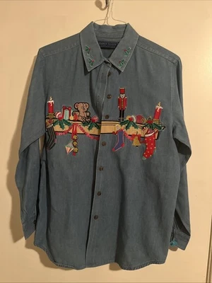 Karen Scott Vintage Denim LongSleeve Shirt Teddybear Nutcracker Patriotic Sz M - Image 1 of 4