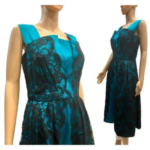 60s European Lace and Silk Cocktail Dress | Vienna | Teal Blue & Black S-M - Picture 1 of 11