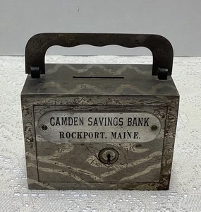 Antique 1891 Camden Savings Bank Rockport Maine Metal Coin Lockbox Suitcase - Picture 1 of 10
