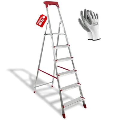 HYTAMA TOOLS Scala Domestica in Alluminio con Vaschetta Portaoggetti + Guanti |6 Gradini