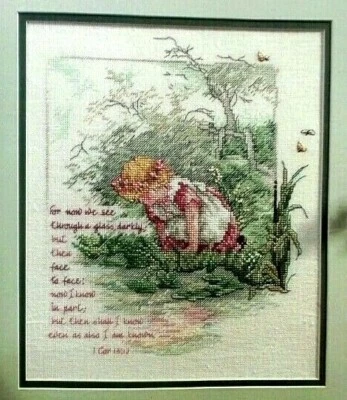 Cross Stitch Pattern Children of God Bible Verse 1 Corn 13:12 Girl Flowers Tree  - Image 1 of 4