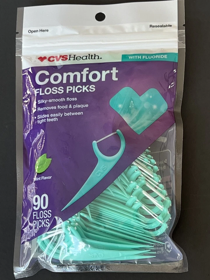 Palhetas de fio dental CVS Health Comfort com flúor. 90 palhetas. Novo - Imagem 1 de 4