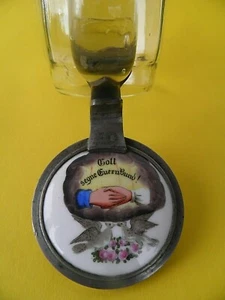 Alter Glas Bierkrug Hochzeitskrug Porzellan- Deckel  Gott segne Euern Bund! - Bild 1 von 11