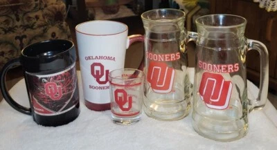 Lote de 5 ~ OU University of OKLAHOMA SOONERS ~ Taza de cerveza universitaria de vidrio vaso de chupito Foto 1 de 4