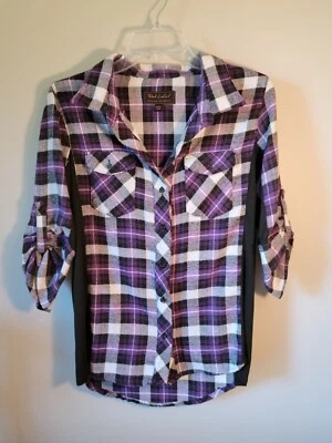 Blusa xadrez manga longa rosa social clube júnior feminina tamanho XL roxa/preta - Imagem 1 de 4