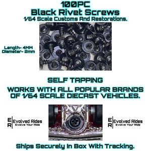 100PC Short Rivet Screw Self Tap Black For 1/64 Scale Customs Restorations - Picture 1 of 3