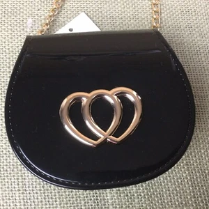 VEGAN Crossbody Purse Jelly Ultra Petite Mini Black Handbag Gold Heart/Chain - Picture 1 of 9