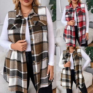 Women Sleeveless Fleece Warm Vest Coat Plaid Tartan Jacket Thermal Waistcoat US - Picture 1 of 16