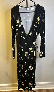 NEW Old Navy Black And Yellow Floral Wrap Dress Size L - Picture 1 of 6