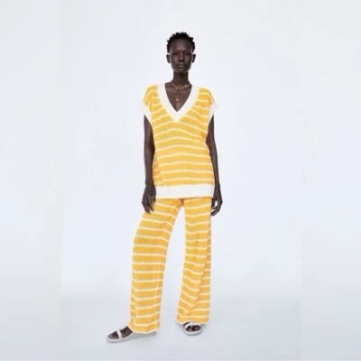 ZARA Rustic Yellow/White Stripe Oversized Knit Sweater (S) and pants (M) Beach - Image 1 of 4