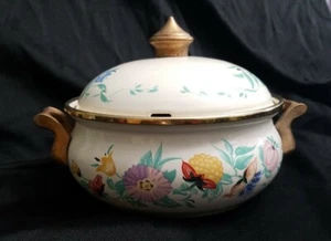 Asta DUTCH OVEN Enamel Cookware Floral Brass Handles Vintage With Lid - Picture 1 of 7