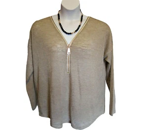Soft Surroundings Sweater Size XL 18 Valentina Zip Beige Stone Fine Gauge Knit - Picture 1 of 6