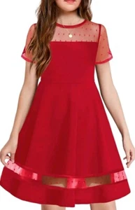 Girls Contrast Mesh Formal Dress Short Sleeve A-Line Dresswith Pockets10-11Years - Picture 1 of 7