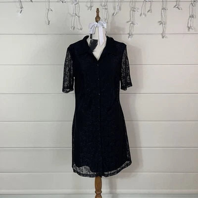 Black Friday Button Up Lace Black Gothic Shirt Dress Grunge Alt Romantic sz 12 - image 1 of 4