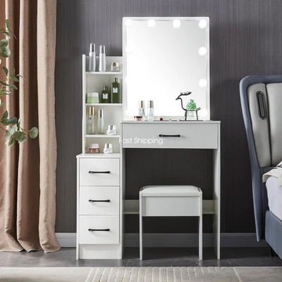 Juego de tocador tocador tocador con taburete y espejo deslizante de 10 luces LED Foto 1 de 4