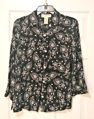 Blusa Top Vintage Easy Spirit Años 90 Y2k Floral Abotonada Talla 0 Blanco y Negro Foto 1 de 4