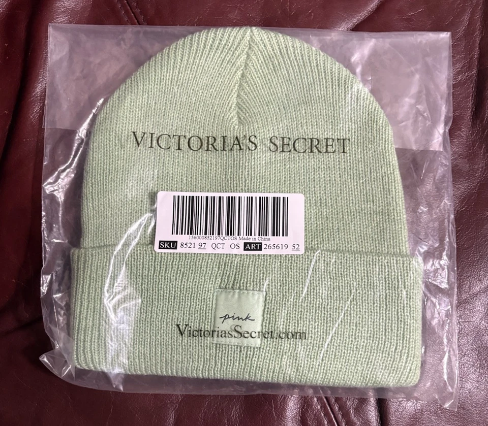 Victoria’s Secret 粉色罗纹针织无檐帽 Sage 绿色 全新带盒 — 第 1/1 张图片