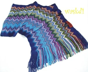 MISSONI blue SHARKTOOTH wool/acrylic Blend long FRINGED scarf IN BOX Authentic! - Picture 1 of 2
