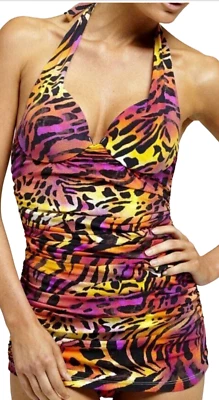 TRAJE DE BAÑO NATORI KOKO ANIMAL PRINT PUSH UP PLUNGE UNA PIEZA ACANALADO HALTER 8 B/C Foto 1 de 4