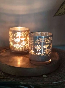 2er Set Windlicht Teelichthalter Glas Blumen in Champagner Beige Silber - klein - Bild 1 von 4