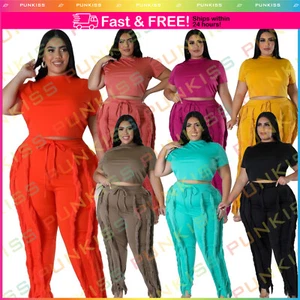 Women's Plus Crop Top Shirt & Pants Set Long Sleeve Loungewear Seamless Casual - Picture 1 of 10