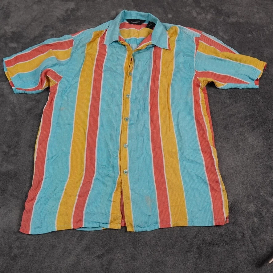 Camisa masculina de seda Genelli grande azul-petróleo vermelha amarela Miami South Beach coquetéis festa - Imagem 1 de 4