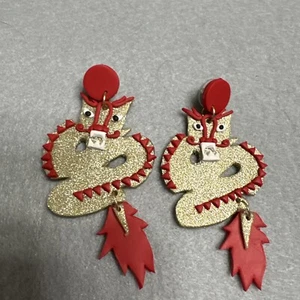 Asian Dragon Clay Dangle Drop Earrings NWOT 3” - Picture 1 of 7