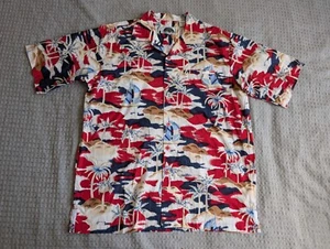 Vintage Southpole Shirt Men Large Red Blue Hawaiian Palm Tree Camp Collar Cotton - Picture 1 of 10