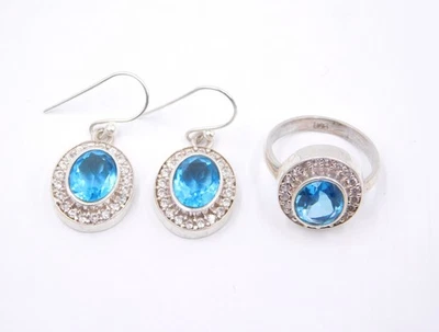 11.9 GM 925 Argento Sterling Topazio Blu & C.Z Taglio Pietra Anello, L' Set - Immagine 1 di 4