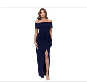 Xscape Off the Shoulder Navy Blue Ruched Side Slit Evening Gown-Elegant- Size 14 - Picture 1 of 7