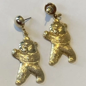 Chunky Teddy Bear Earrings Pierced Light Weight Molded Brass Goldtone Costume - Picture 1 of 7