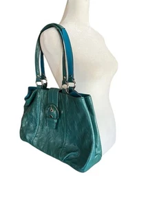 COACH Green Logo-Embroidered Shoulder Purse w Hang Tag • Leather • Front Buckle - Picture 1 of 15