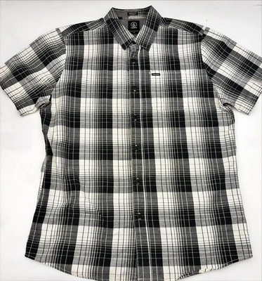 Volcom Mens Shirt LG Modern Fit Black Gray Plaid Short Sleeve Button Up Pocket - Image 1 of 4
