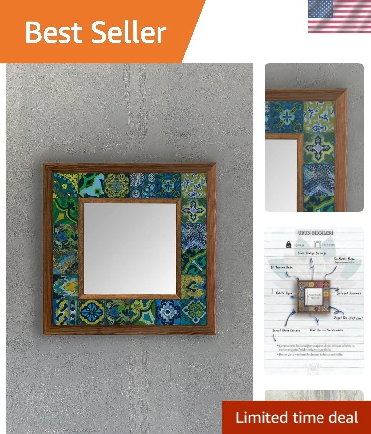 Elegante espejo de mosaico con marco de madera 33x33 cm con azulejos de travertino - Decoración única Foto 1 de 4