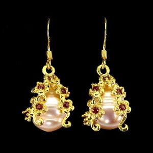 925 Sterling Silver Earrings Round Ruby Myanmar Pearl Handmade Gemstone Jewelry - Picture 1 of 14