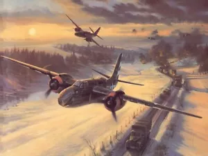 "WELTKRIEG 2 US Flugzeuge fliegen über einen LKW Konvoi Bombenangriff Gemälde 8 x 10" - Bild 1 von 2